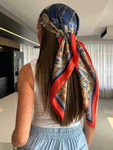 1件女款休閒波希米亞佩斯利印花頭巾，時尚奢華方巾，夏季正方形圍巾髮飾，適合度假、海灘、音樂節、返校 - 藍色 - 查看 4
