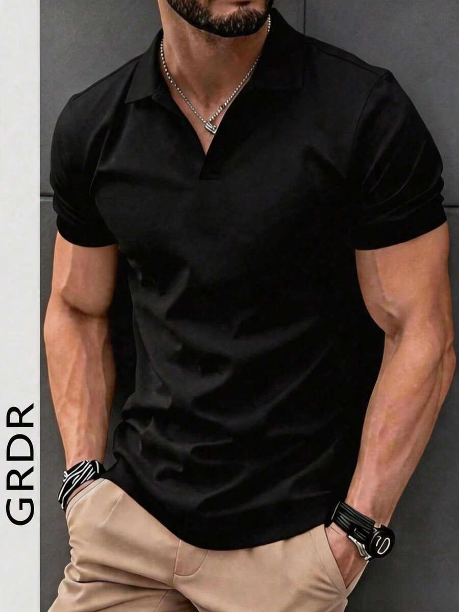GRDR 男士轻薄立领简约短袖T恤,休闲& - 黑色 - 查看 1
