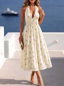 Perirose Women's Light Yellow Floral Bohemian Style Halter Neck Deep V-Neck Backless Flowy Mid-Length A-Line Dress, Charming, Elegant, Graceful, Fashionable, Vacation, Outdoor, Romantic, Old Money Style, Romantic Vacation, Elegant Feminine, Vintage, Luxurious, Glamorous, Tea Party, Brunch, Birthday, Wedding, Club, Party, Concert, Light Yellow Women's Long Dress, Wedding Guest Dress Women Elegant Formal - Apricot - View 6