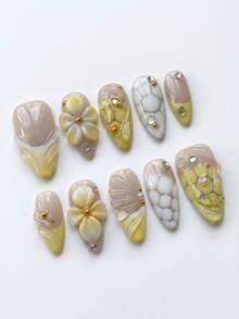 10 unhas postiças artesanais de tamanho médio em forma de amêndoa, pontas francesas com flor amarela 3D e redemoinho transparente, com decorações de nail art, removíveis e reutilizáveis, conjunto de suprimentos para unhas (inclui cola gel e lima de unhas), unhas press-on feitas à mão - Amarelo - Ver 3