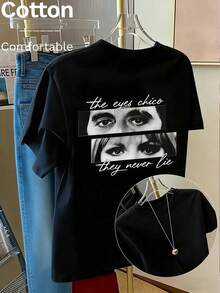 Camiseta vintage para mujer con estampado de ojos en blanco y negro "Los ojos nunca mienten", 97% algodón acanalado, ajustada, de alta elasticidad, estilo deportivo liso. - Negro - Ver 1