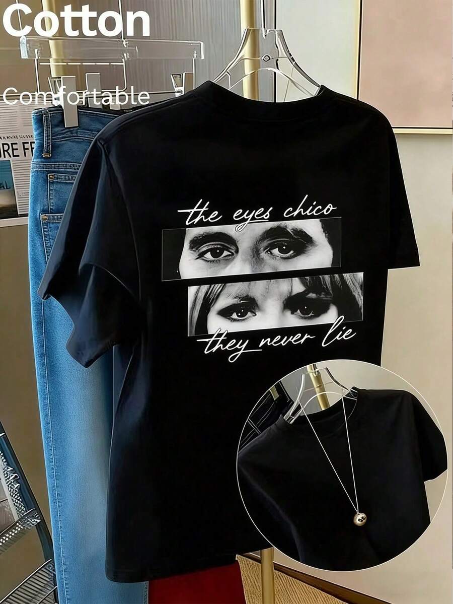 Camiseta vintage para mujer con estampado de ojos en blanco y negro "Los ojos nunca mienten", 97% algodón acanalado, ajustada, de alta elasticidad, estilo deportivo liso. - Negro - Ver 1