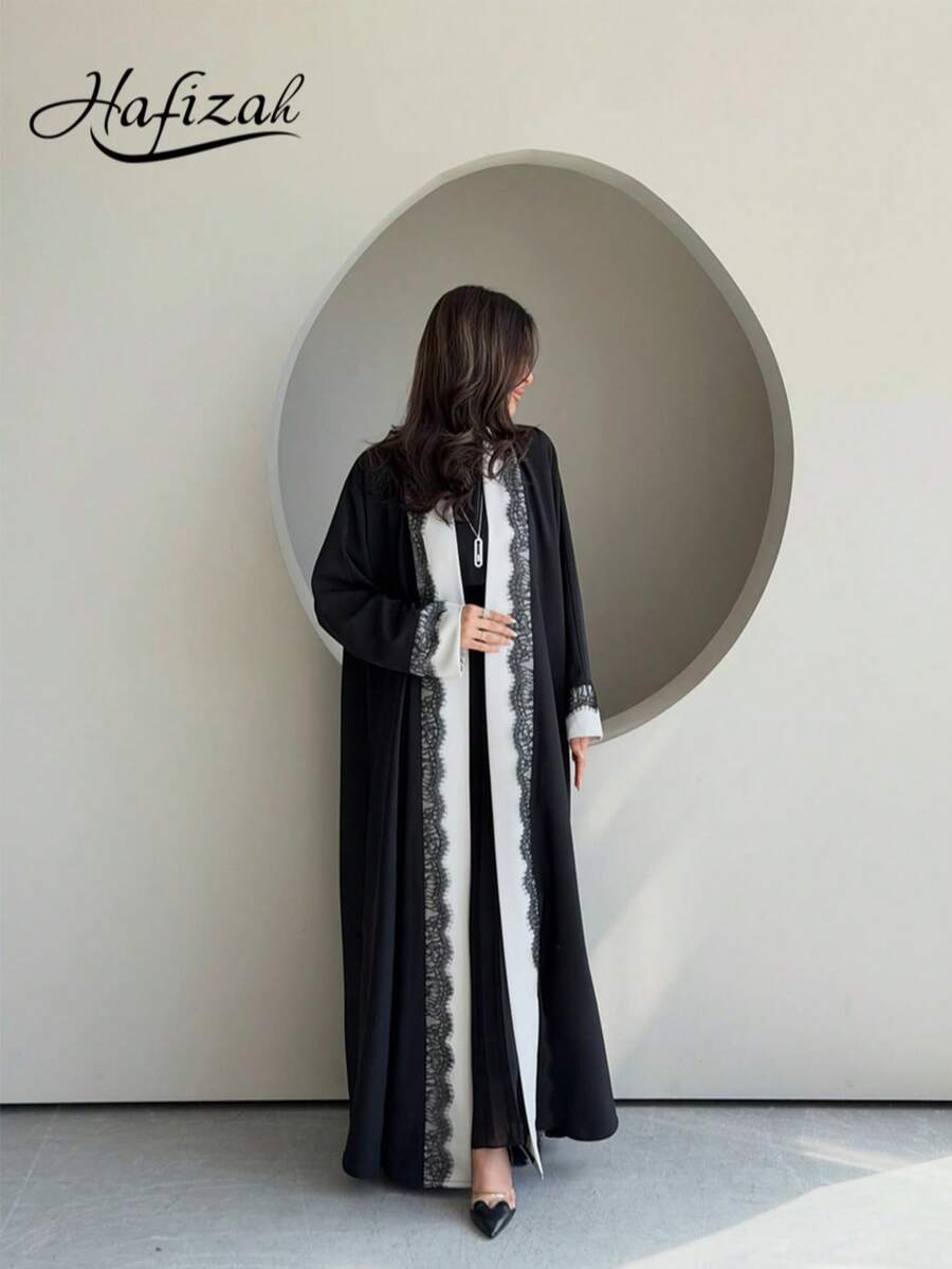 Hafizah Modest Long Dress Black Lace Trim Spliced Premium Coat Black & White Spliced Women's Clothing