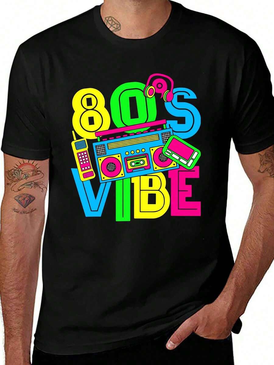 Funny Short-Sleeved T-Shirt For Men With A Retro 80s Tech Style - 黑色 - 查看 1