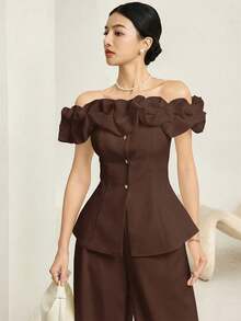 Conjunto de 2 piezas de top con hombros asimétricos y pantalones, elegante y de moda para mujer - Café integral - Ver 1