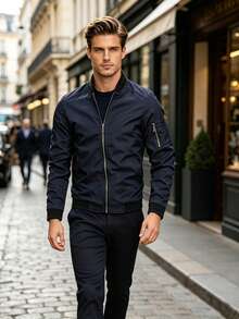 Men's Spring And Autumn Jacket, Zip-Up Jacket With High Collar, Classic And Simple Jacket, Gift For Friends, Husband, Boyfriend. - Azul - Ver 2
