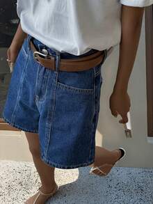 Shorts de mezclilla lavados casuales para mujer, con bolsillos, shorts de pierna ancha retro, ligeramente elásticos, cómodos para uso diario en verano - Azul lavado oscuro - Ver 3