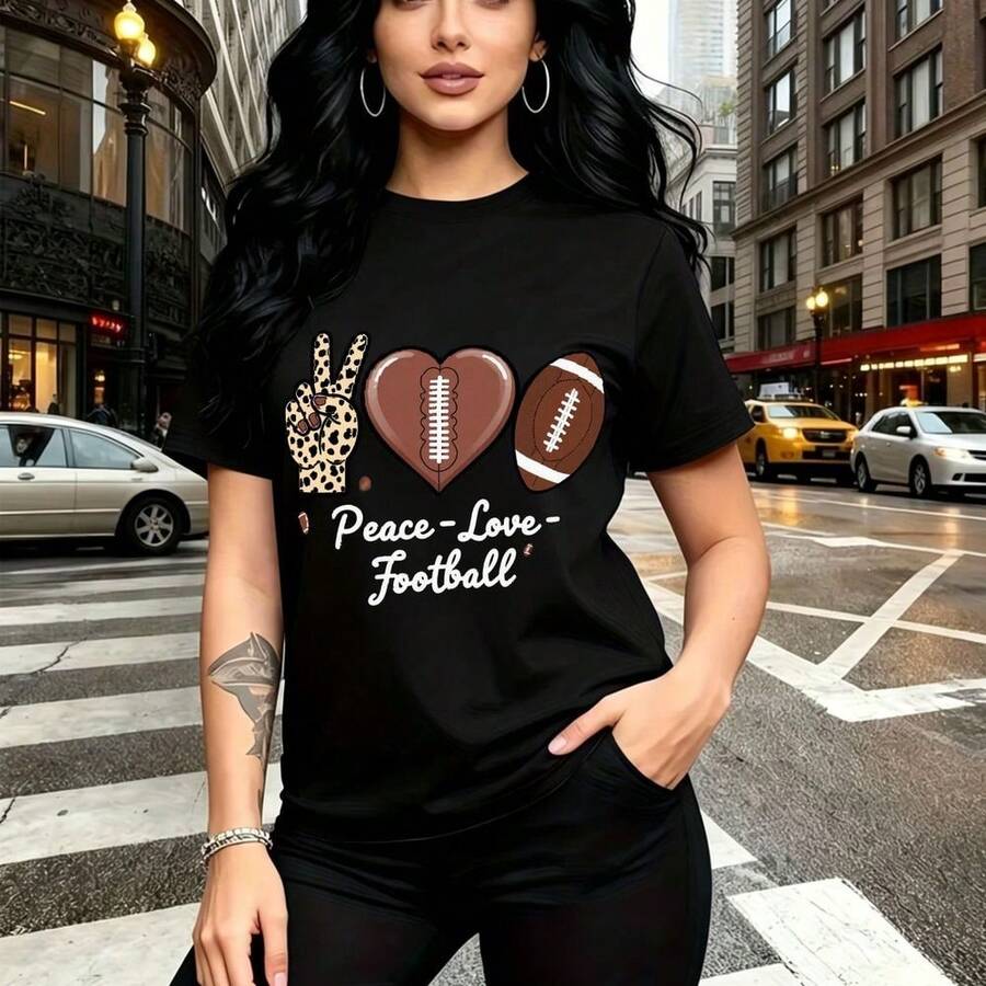 Camiseta de mujer con estampado divertido de paz, amor y fútbol americano - diseño gráfico con símbolo de la paz en estampado de leopardo, corazón de balón y balón clásico, ideal para chicas con estilo urbano y confianza - ajuste cómodo y moderno, pe - Negro - Ver 1