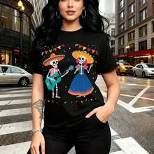 Camiseta de mujer con estampado de calaveras festivas estilo Día de los Muertos tocando guitarra y bailando - camiseta corta de manga corta con diseño colorido y alegre, ajuste cómodo y moderno ideal para el clima cálido - perfecta para celebrar el D - Negro - Ver 9