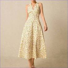 Vestido maxi con estampado floral romántico, escote halter y cintura fruncida, adecuado para vacaciones, bodas, fiestas de verano. Vestido de mujer con estampado floral pequeño, escote halter y cintura fruncida, ideal para verano, playa, primavera, Pascua, eventos. - Azul y blanco - Ver 5