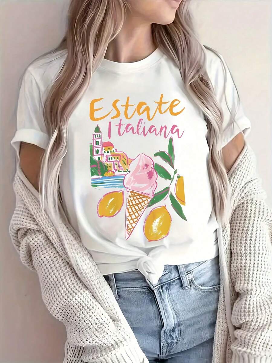 Minimalist. 100% Cotton. 1pacEstateItaliana Women's Casual Short Sleeve T-Shirt - Hand-Drawn Italian Ice Cream And Lemon Design, Semi-Sheer Crew Neck Top With Medium Stretch, Machine Washable Spring/Summer Tee, Summer Outfit, Fashion Print, Stretch Fabric, Printed Tee, Summer Wardrobe. Spring Summer Top - 白色 - 查看 1