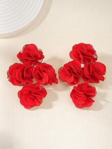 1 Pair Fashionable Charming Casual Vacation Style Floral Flower Stud Earrings, Fabric Colorful Flower Mesh Chiffon Petal Earrings, Suitable For Women Vacation Social Gatherings (Each Is Individually Handmade, Each Has Certain Differences And Imperfections) - Red - View 5
