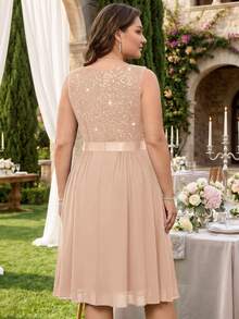 Plus Size Deep V-Neck Sequin Lace Patchwork Ruffle Hem Chiffon Formal Evening Party Dress, Summer Dress Elegant - Champagne - View 3