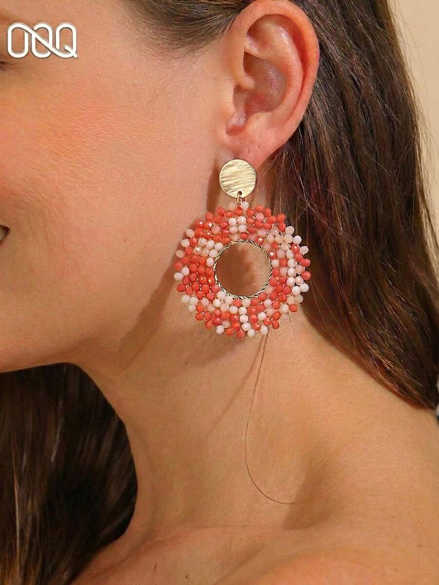 OOQ 1 Pair Bohemian Style Hollow Round Beaded Earrings, Geometric Personalized Design Elegant Minimalist Sexy Earrings, Suitable For Daily Matching, Great Gift For Friends (Handmade Beads In Random Colors, Quantities And Positions) - Red - View 1