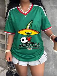Women's Loose-Fitting T-Shirt, Printed With The Colors Of The Mexican National  And Flag, Perfect For Supporting The National Team. Comfortably Soft For Everyday Wear. 100% Cotton, 220 Gsm. Fashionable Everyday Essentials And Holiday Gifts, Unisex. - 墨綠色 - 查看 1