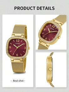 Guess Women's Cushion‑Case Gold Watch Burgundy Dial Crystal Bezel Mesh Strap Dress Wristwatch for Office Wear Date Night Wedding Bridesmaid Ideal Gift for Her on Birthday Valentines Day Holiday Perfect for Elegant Modern Young Ladies - 金色 - 查看 6