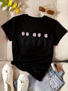 Women's Casual Short-Sleeved T-Shirt With Vintage Print, Made Of Soft Pure Cotton Fabric, Ideal For Everyday Outfits. - 黑色 - 查看 1