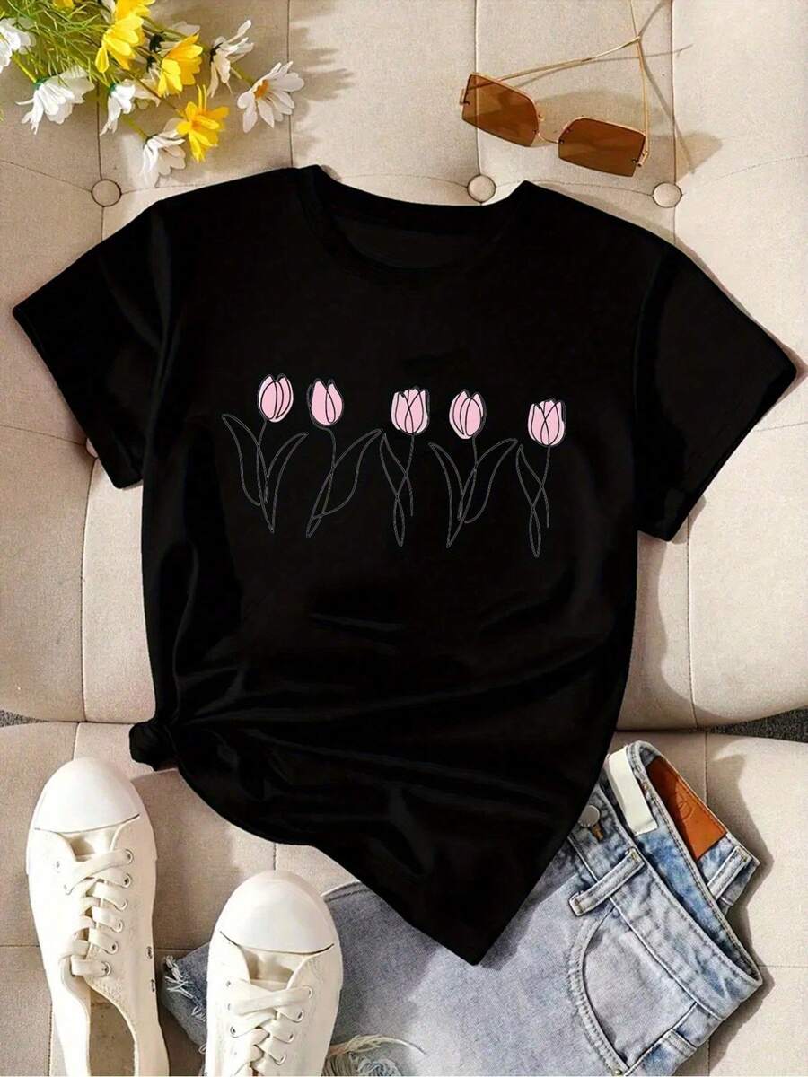 Women's Casual Short-Sleeved T-Shirt With Vintage Print, Made Of Soft Pure Cotton Fabric, Ideal For Everyday Outfits. - 黑色 - 查看 1