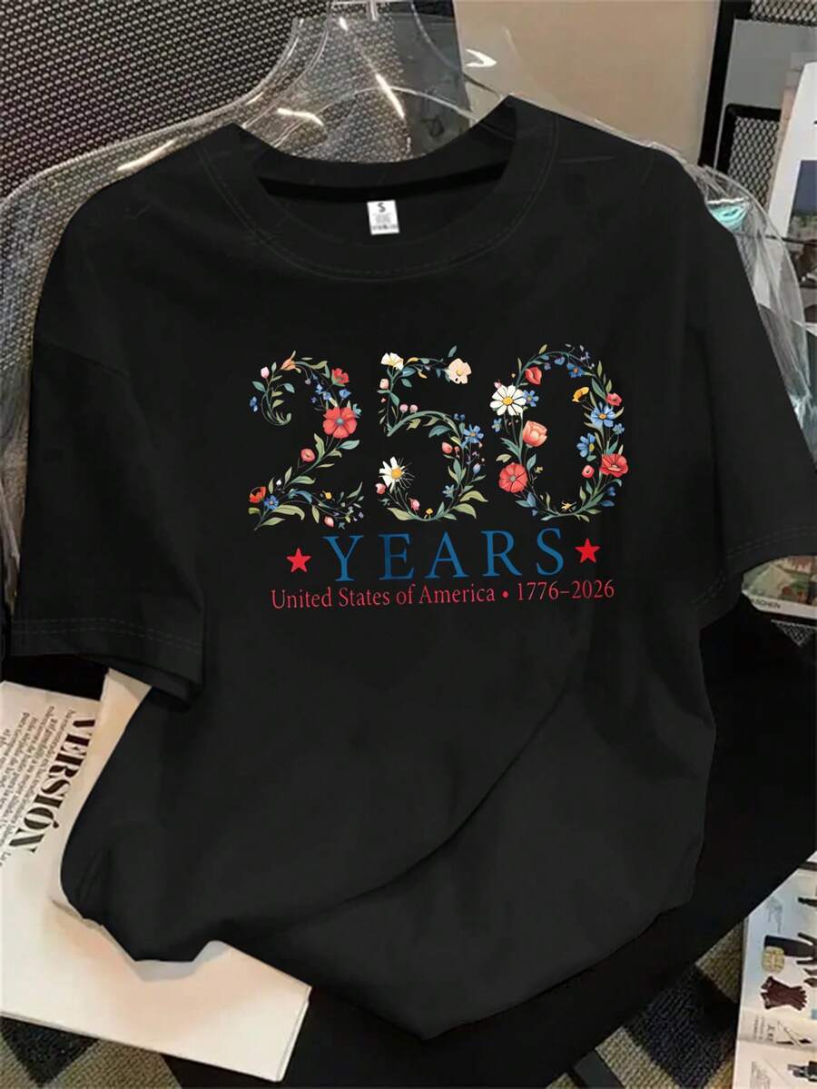 Top de mujer de manga corta y cuello redondo con estampado floral, ideal para todas las estaciones. - Negro - Ver 1