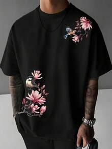 Camiseta de manga corta estampada para hombre, confeccionada en algodón cómodo. Camisa de verano holgada e informal con cuello redondo, transpirable, lavable a máquina, perfecta para primavera/verano, tallas grandes. - Negro - Ver 1