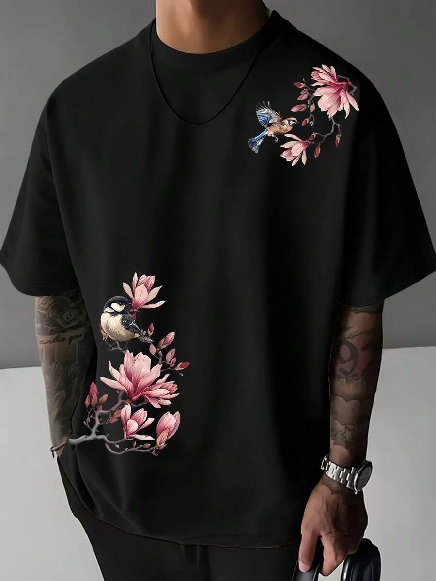 Camiseta de manga corta estampada para hombre, confeccionada en algodón cómodo. Camisa de verano holgada e informal con cuello redondo, transpirable, lavable a máquina, perfecta para primavera/verano, tallas grandes. - Negro - Ver 1