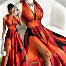 Nuevo vestido maxi de diseño elegante y sexy de estilo francés con cuello en V, halter, cintura expuesta, espalda descubierta, corte evasé y abertura, sin mangas, con estampado floral rojo y verde, de alta calidad y sofisticado para mujeres - Rojo - Ver 1
