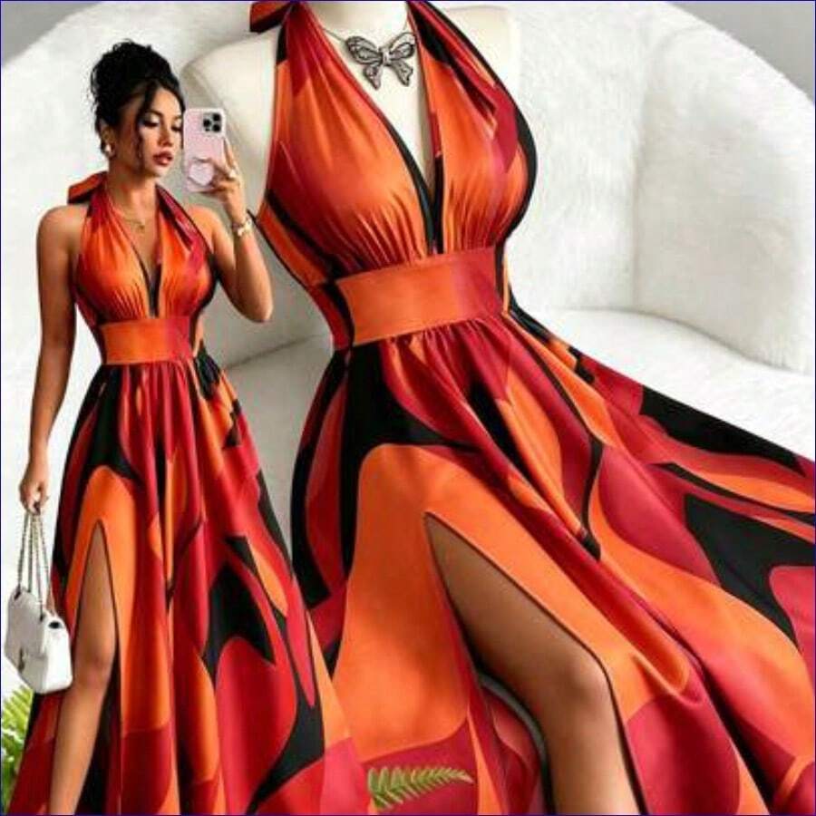 Nuevo vestido maxi de diseño elegante y sexy de estilo francés con cuello en V, halter, cintura expuesta, espalda descubierta, corte evasé y abertura, sin mangas, con estampado floral rojo y verde, de alta calidad y sofisticado para mujeres - Rojo - Ver 1