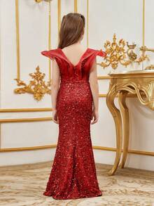 Vestido de sirena con lentejuelas y panel de tull para niña preadolescente sin hombros - Rojo - Ver 2