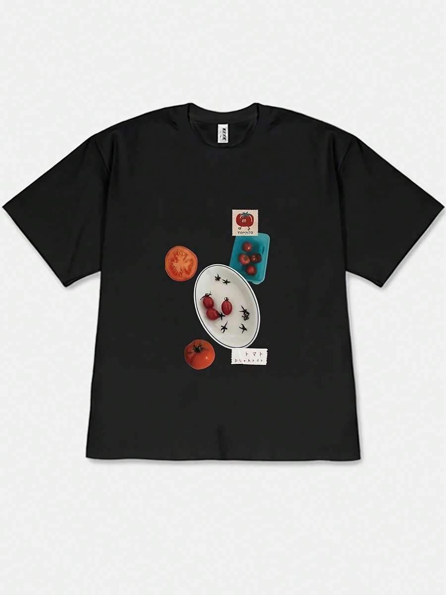 Cute Y2K-Style Summer Top. 1pac. Cute Y2K-Style Summer Top. 100% Cotton, New Spring/Summer 2026 Collection, Short-Sleeved T-Shirt With Dropped Shoulders, Design With Whole/Sliced Tomato + Plate With Small Tomatoes And Insect Decoration + Box Of Small Tomatoes + Label + Illustration Combined With Handwritten Text, Short-Sleeved T-Shirt, Fresh Japanese Style. Perfect For Casual Wear - 黑色 - 查看 1
