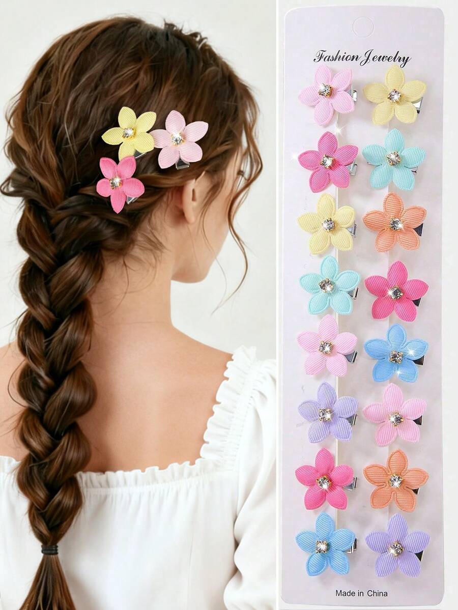 15pcs/Set Girls Shiny Rhinestone Candy Color Fabric Flower Hair Clips, Princess Cute Small Hair Claws For Bangs & Daily Use - Multicolor - View 1
