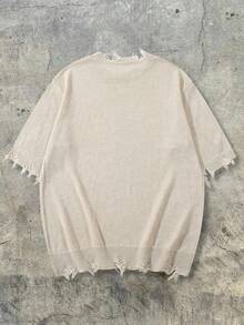 BLACKTOEXIT Men's Knitted Short Sleeve Crew Neck Loose Drop Shoulder American Street Style Distressed Raw Edge Fringe Solid Color Vintage Knit T-Shirt Spring - Apricot - View 7