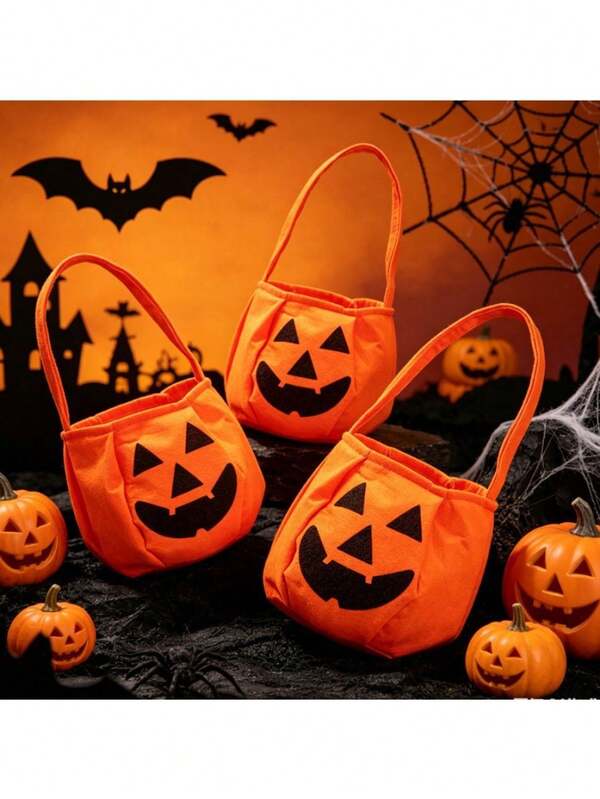 1pc Halloween Pumpkin Candy Tote Bag, Orange Pumpkin Decorative Gift Bag, Felt Pumpkin Candy Bucket, Suitable For Halloween Party Cosplay And Decoration Trick Or Treat Gift Bag