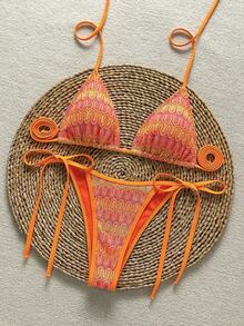 Plus Size Women's Unique Textured Fabric Bikini Swimwear 2-Piece Set, Cute Spaghetti Strap Open Back Design Vacation Beach Summer - Orange - View 2