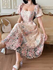Vestido romántico con estampado floral diminuto al estilo francés, moda para vacaciones, vestido maxi bohemio de Pascua para mujeres - Rosa Pálido - Ver 1