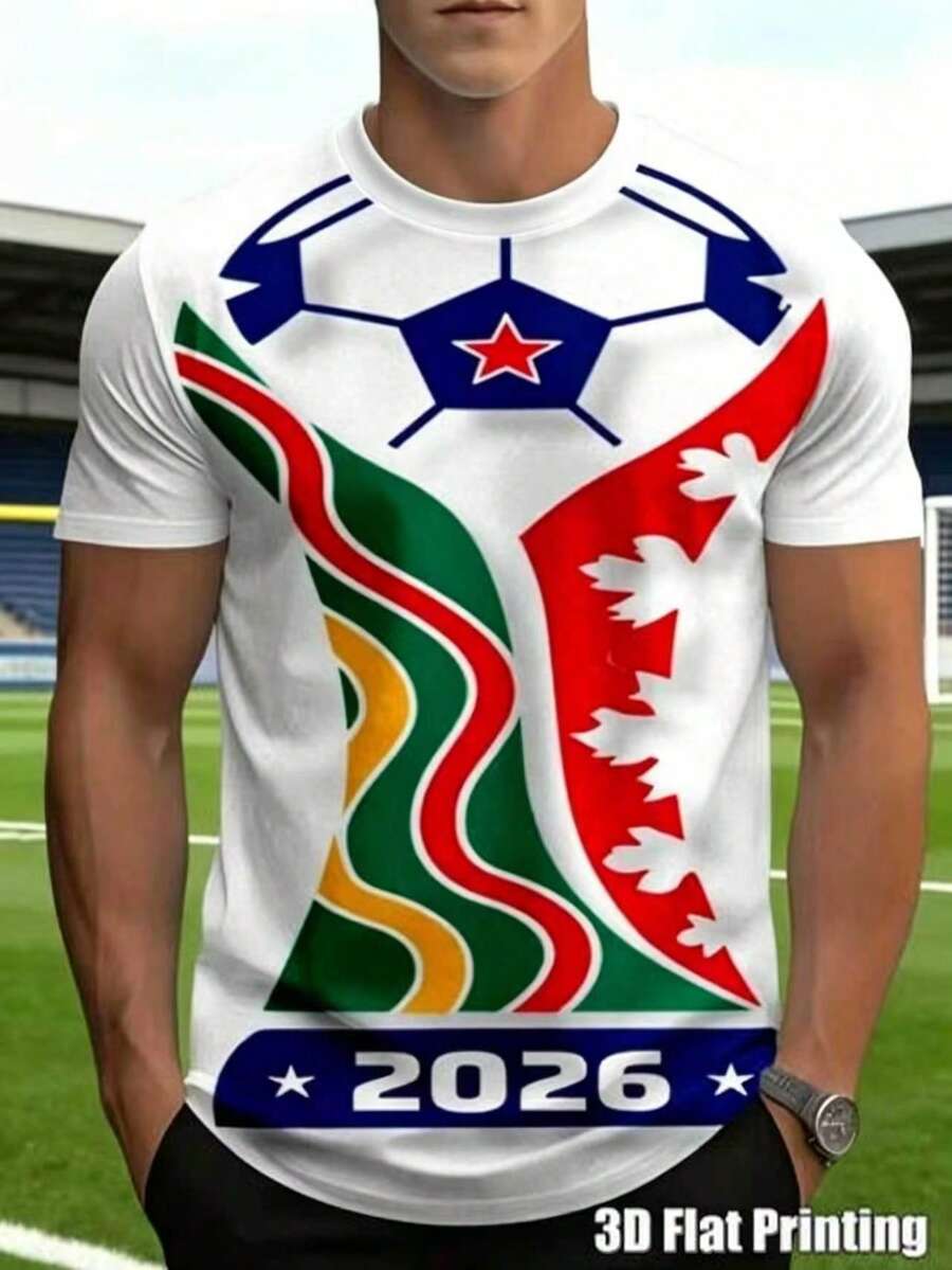 Camiseta con estampado de fútbol de la Copa Mundial 2026 para hombres, adecuada para uso casual diario - Multicolor - Ver 1