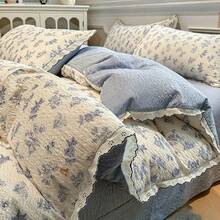 4-Piece Ruffled Duvet Cover Set, Soft And Comfortable Bedroom Bedding, Ruffled Design With Cute Floral And Cartoon Animal Patterns, Breathable And Soft All-Season Bedding Set, Includes 1 Duvet Cover, 1 Bed Sheet, 1 Or 2 Pillowcases, No Filling, Suitable For Bedroom, Dorm, Home Use, Multiple Size Options - Baby Blue - View 2