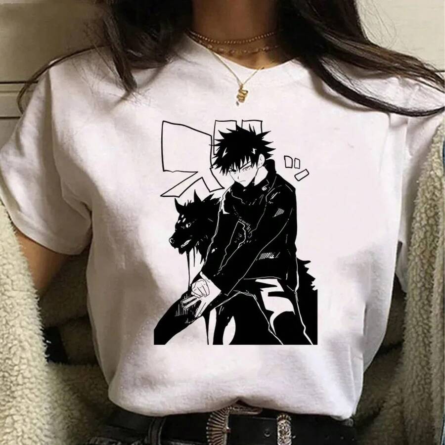 Gothic Clothing, Gojo Graphic Tee, Anime, Funny Summer T-Shirt For Women, Japanese T-Shirts, Cartoon T-Shirts For Women, Vintage Street Style, Unisex, Loose Fit, Cotton, Short Sleeve, Round Neck, Blouses For Women. Casual Blouses For Ladies. - 白色11 - 查看 1