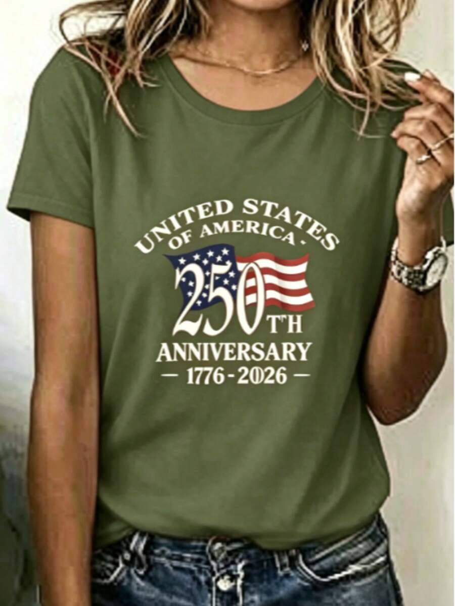 Loose V Neck Red Women's Tee Curved American Text Floating Star Strip Flag Print, Silky Smooth Top For Patriotic Anniversary Holiday Wear - 綠色 - 查看 1