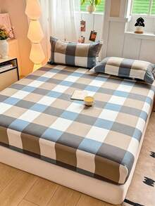 Juego de 3 piezas de ropa de cama, con patrón de cuadros de dos colores, suave y cómodo, incluye 1 sábana ajustable y 2 fundas de almohada, sin relleno, apto para dormitorio, habitación, uso doméstico, disponible en varios tamaños - Multicolor - Ver 2