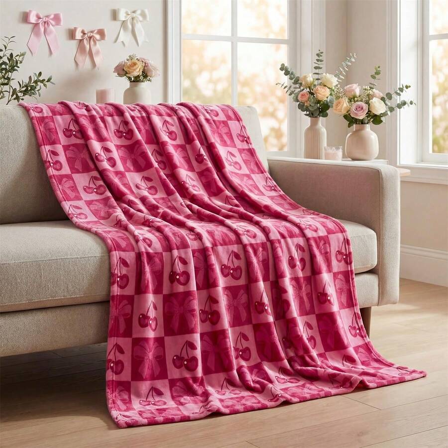 Bow Flannel Blanket, Cherry Bow Soft Plush Comfortable Wool Blanket, Suitable For Sofa Bed Resting, Ideal Gift For Family, Adults, Wife And Yourself - Multicolor - View 1