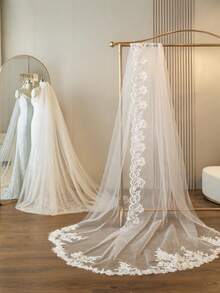 Cathedral Wedding Bridal Veil, 1 Layer, Soft Tulle With Lace And Floral Trim, Vintage Style, For Bridal Veil. - White - View 10