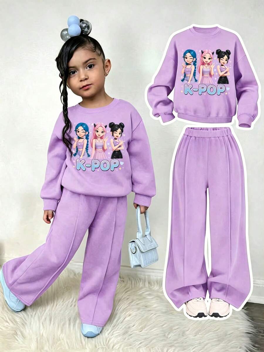 Young Girl Cartoon Girl Group Graphic Print Crew Neck Sweatshirt And Sweatpants Set - Purple - View 1