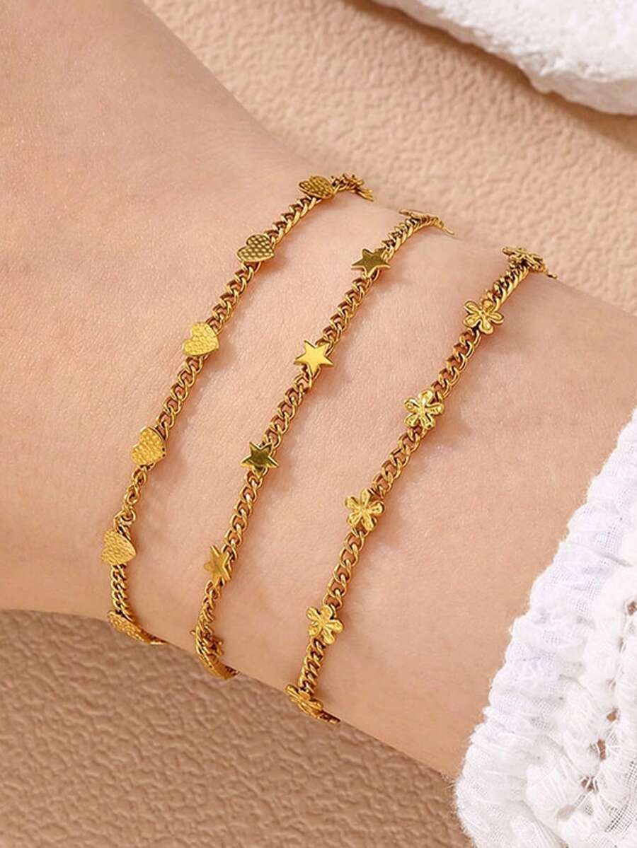 Gelang Stainless Steel Motif Bunga dan Hati Bergaya Bintang untuk Wanita - Aksesori Tangan yang Sederhana dan Serbaguna - Emas - View 1