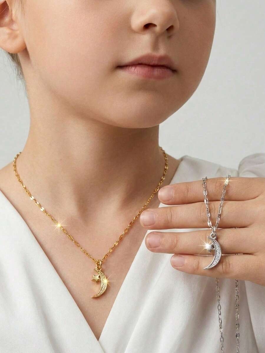1件極簡主義銅鋯石星月吊墜項鍊,適合男孩女孩,精緻新月鎖骨鍊,百搭日常穿搭派對友誼珠寶禮物 - 彩色 - 查看 1