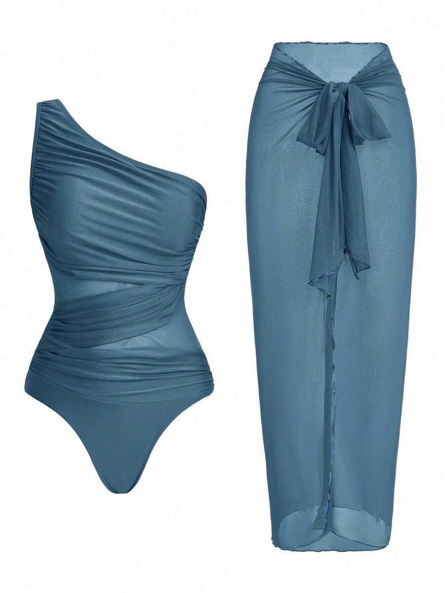 Swim Oasis One-Piece Swimsuit With Solid Color Ruched Mesh Panel And Sarong Skirt - Bronze - View 1
