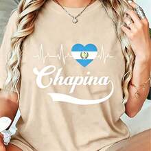 100% Cotton Unisex Guatemalan Flag Girl Women Guatemala Chapina Camiseta Slang T-Shirt-Vintage Street Style Unisex Loose Cotton Short Sleeve Crew Neck T-Shirt,Summer Outfits For Women - 杏色 - 查看 1