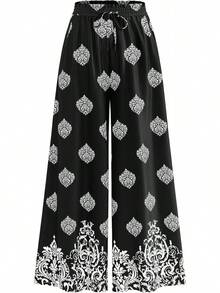 [Free Shipping]Women Wide Leg Pants Casual High Waist Floral Palazzo Pants For Women Flowy Lounge Boho Beach Trousers Pockets Women's Wide Leg - 黑色-1 - 查看 1