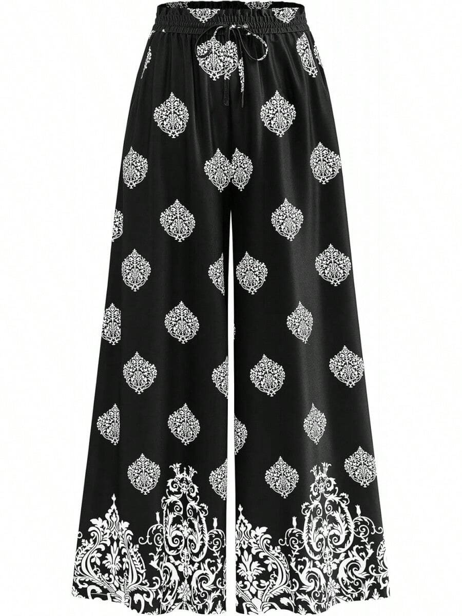 [Free Shipping]Women Wide Leg Pants Casual High Waist Floral Palazzo Pants For Women Flowy Lounge Boho Beach Trousers Pockets Women's Wide Leg - 黑色-1 - 查看 1
