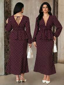 Roveilla Conjunto de 2 piezas de blusa de encaje con estampado de lunares y falda de cola de pez para mujer de talla grande - Burdeos - Ver 1