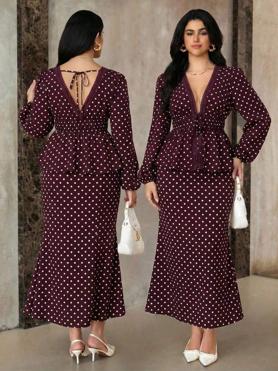 Roveilla Conjunto de 2 piezas de blusa de encaje con estampado de lunares y falda de cola de pez para mujer de talla grande - Burdeos - Ver 1